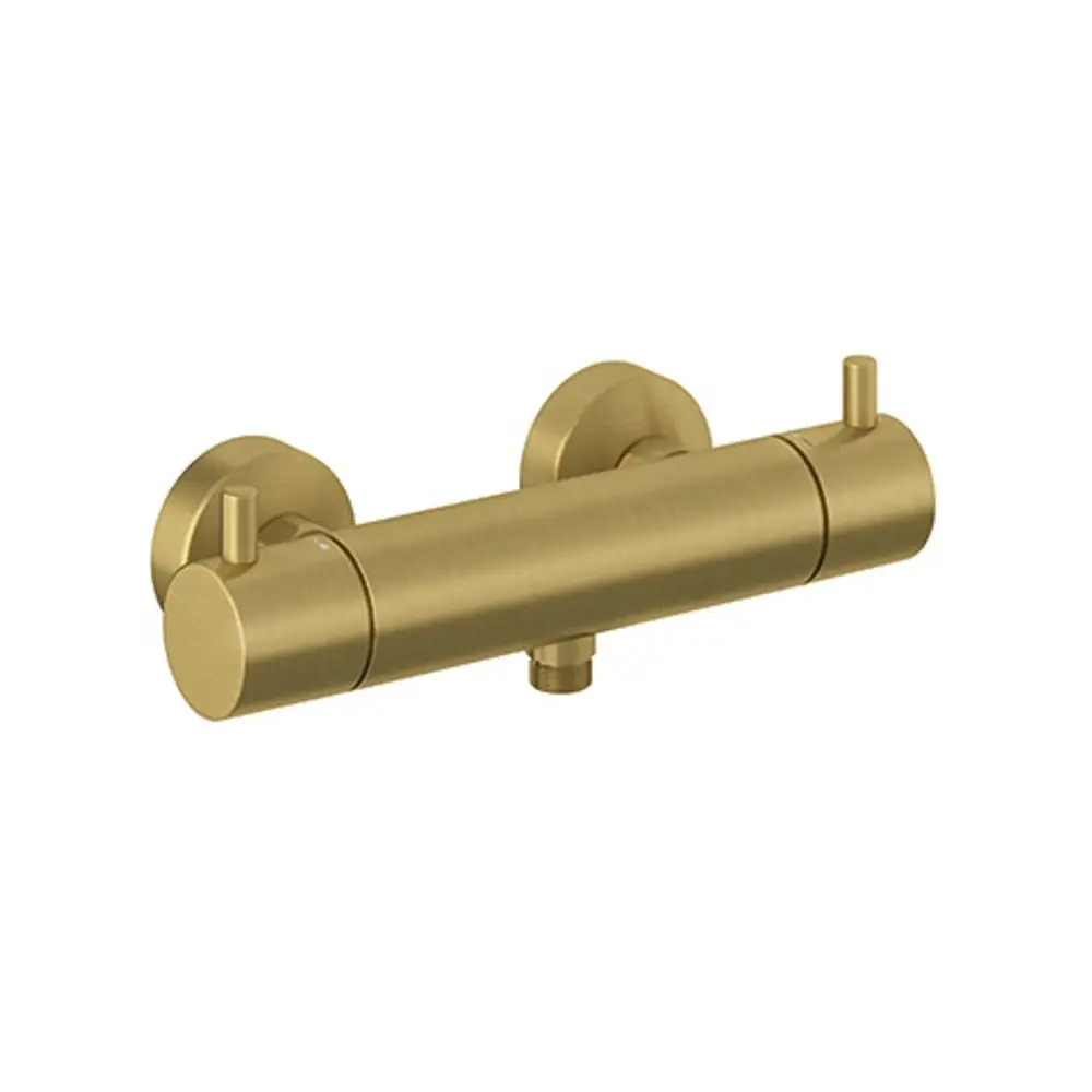 Thermostatische Brausearmatur in brushed gold von Kludi, mit zwei Bedienelementen und wandmontierter Installation, ohne Brausegarnitur.